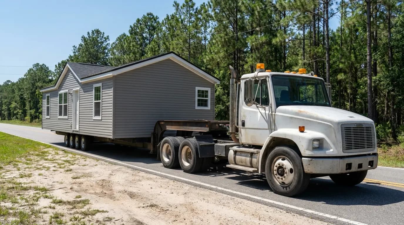 A manufactured home section on its transport chassis on a rural Central Florida road