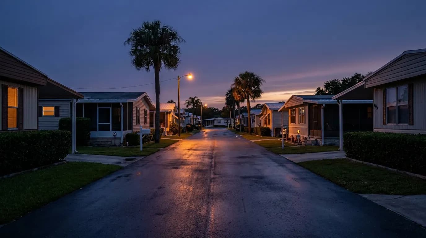 A quiet residential street of manufactured homes in Florida at dusk
