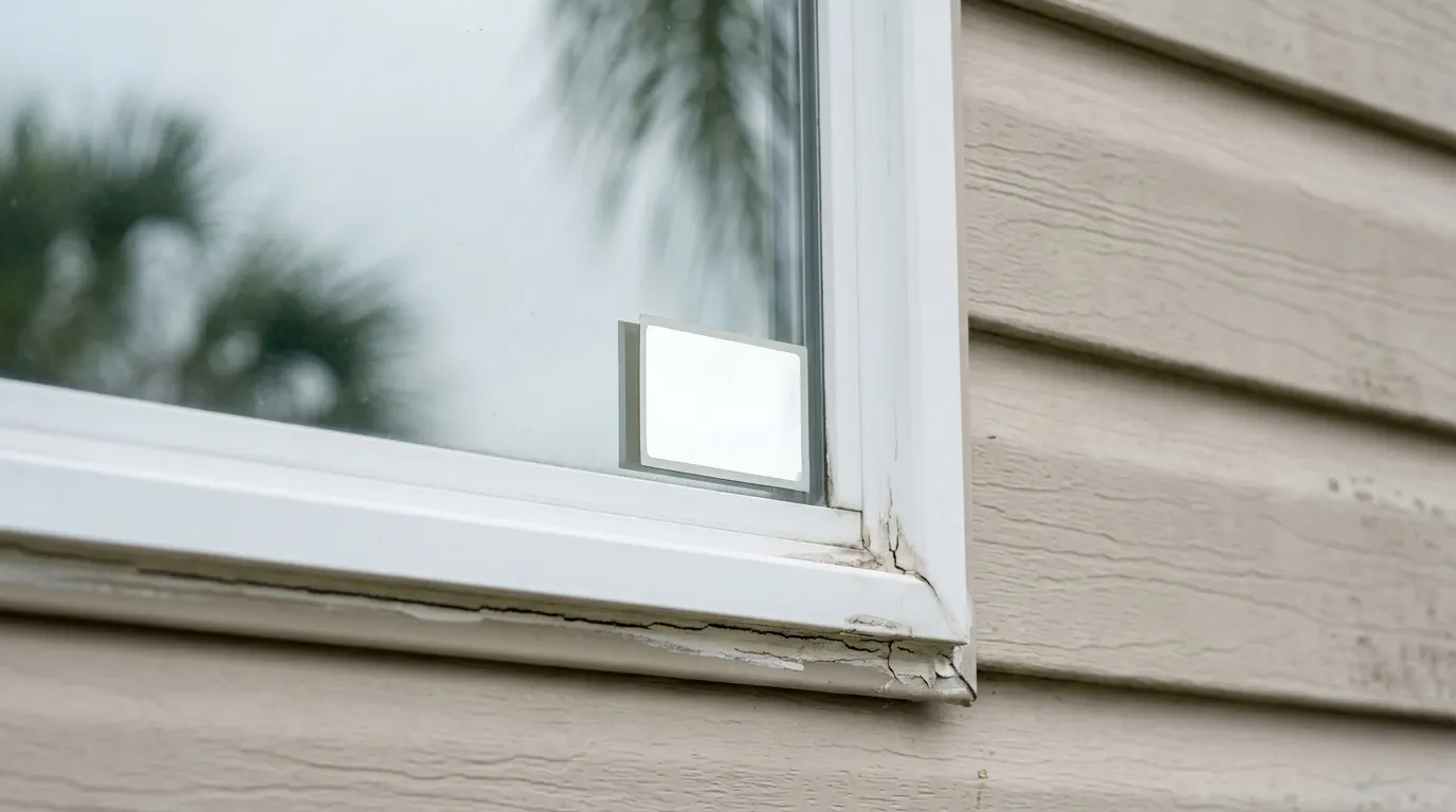 An RP decal affixed to the lower corner of a manufactured home window in Florida
