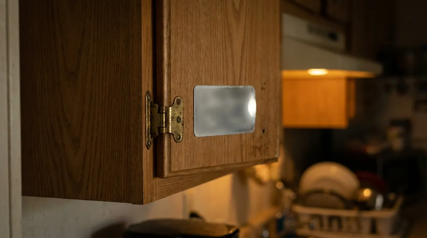 Close view of a manufactured home data plate inside a kitchen cabinet door