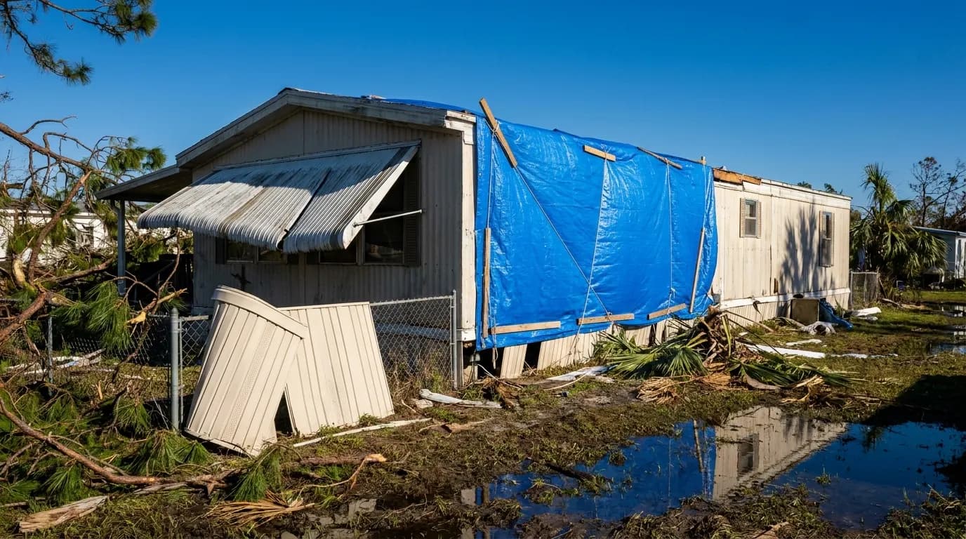 A storm damaged manufactured home with tarped roof on a Central Florida property