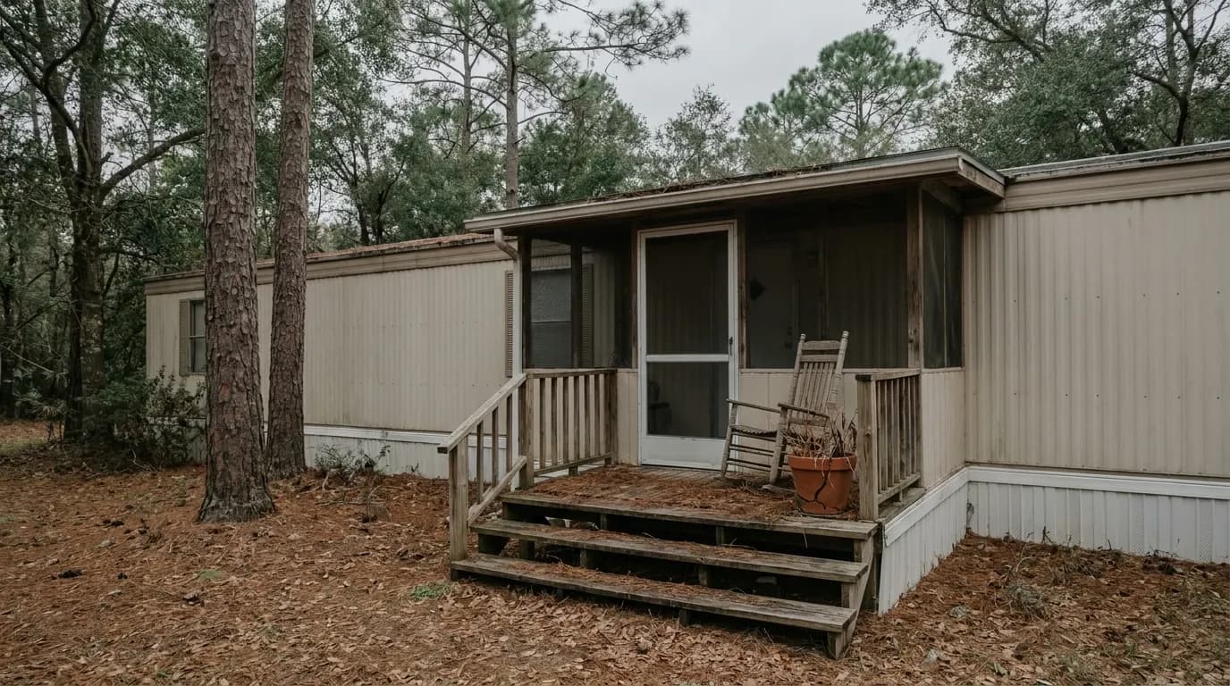 An older manufactured home on a wooded Central Florida property with an empty porch