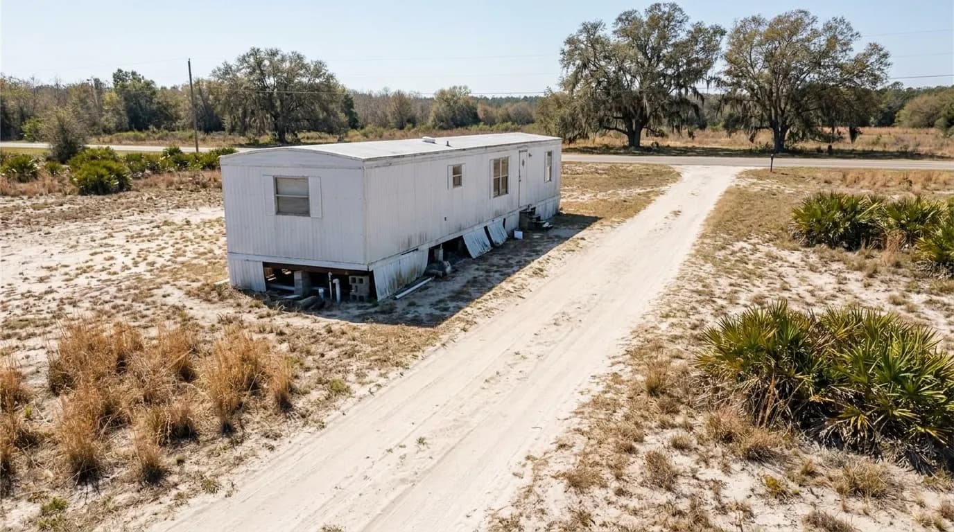 A single-wide manufactured home on a cleared Central Florida lot with open access to the road