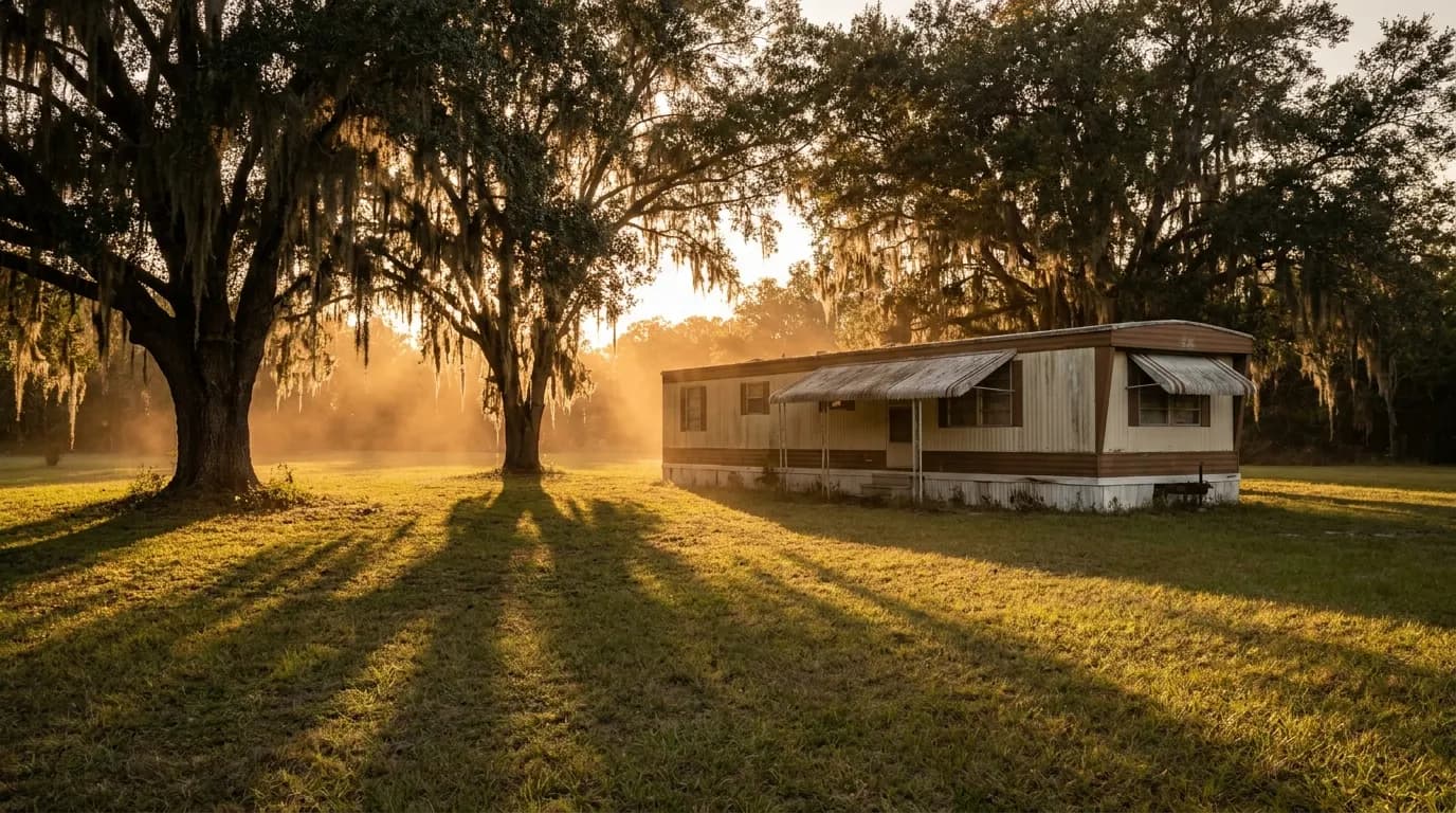 An older single-wide manufactured home on an acre of Central Florida land with oak trees